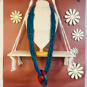 Colorful Heishe Beaded Necklace Blue Layered Strand‎ Round Circle Pendant Boho